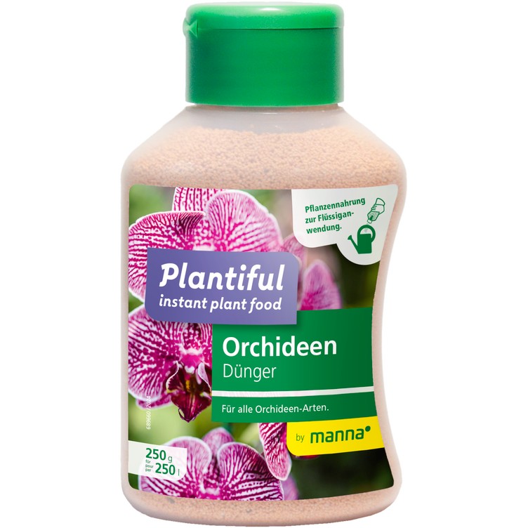 Plastikflasche mit Orchideendünger "Plantiful" (250 g) von manna, grüner Schraubdeckel, Etikett mit pinken Orchideen, hellbeige Granulat im Inneren, geeignet zur Auflösung in Wasser für alle Orchideen-Arten