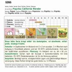 Foto einer Saatgutpackung für Süßpaprika mit Sortenangaben, Pflanz- und Erntekalender sowie Anbauhinweisen und Symbolen zur Pflege auf hellem Hintergrund