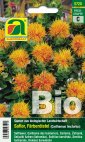 Vorderseite einer BIO-Saatgutpackung: Saflor (Carthamus tinctorius) mit orangengelben, distelähnlichen Blütenabbildungen