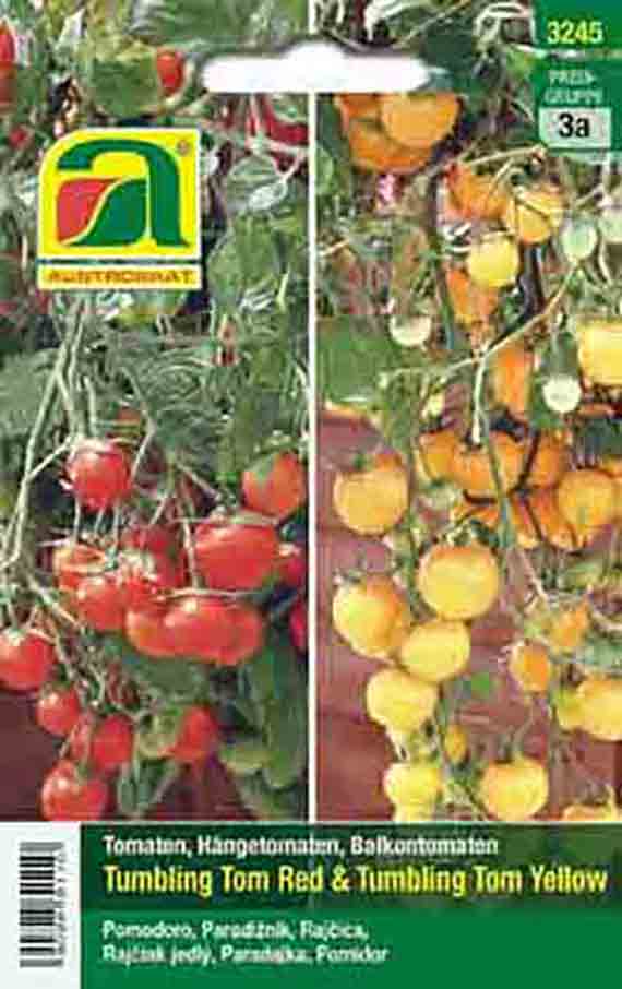 Produktbild: Saatgut-Packung Hänge-Tomaten Tumbling Tom Red und Tumbling Tom Yellow mit roten und gelben Kirschtomaten an Ranken