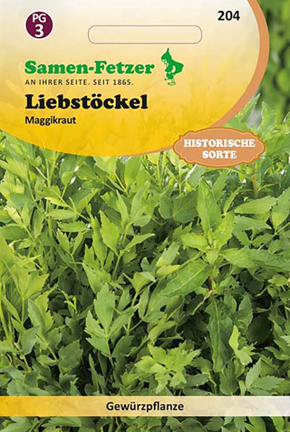 Packung Samen-Fetzer Liebstöckel (Maggi-Kraut), historische Sorte; Verpackung zeigt Nahaufnahme der grünen Blätter