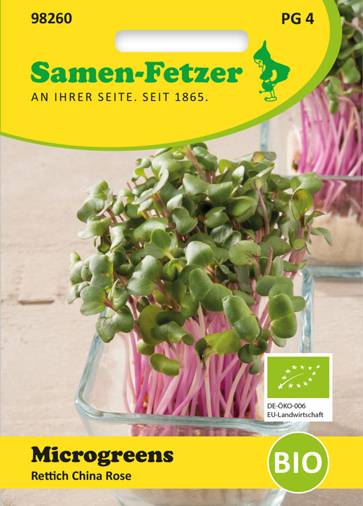 BIO Rettich China Rose Microgreens von Samen-Fetzer im Küchen Set – frische, pinkstielige Keimlinge für Fensterbank, Salate, Bowls, Brot und Smoothies