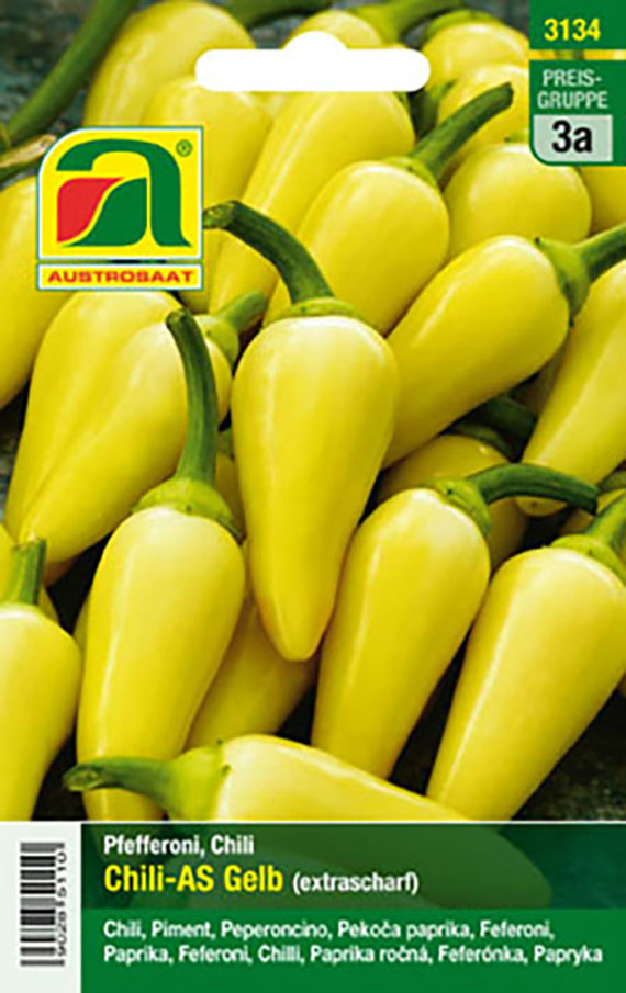 3134 Saatgutpackung mit gelben, spitz zulaufenden Chilischoten (Chili-AS Gelb, extrascharf) und Austrosaat-Logo