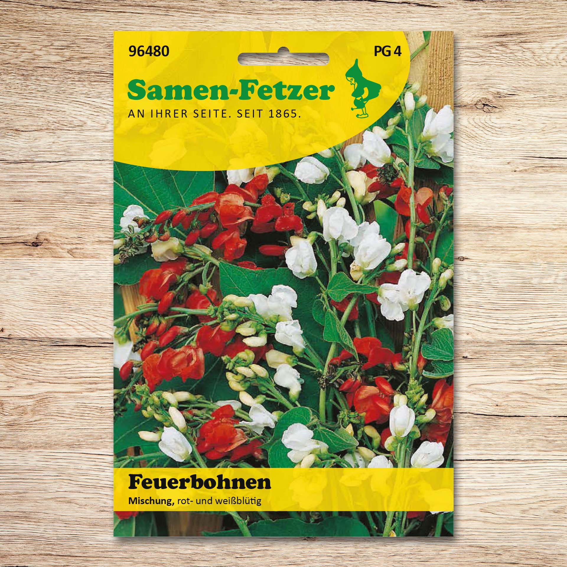 Saatgutpackung Feuerbohnen Mischung von Samen-Fetzer mit rot- und weißblütigen Prunkbohnen, ideal für Salate und als aromatische Beilage zu Fleischgerichten