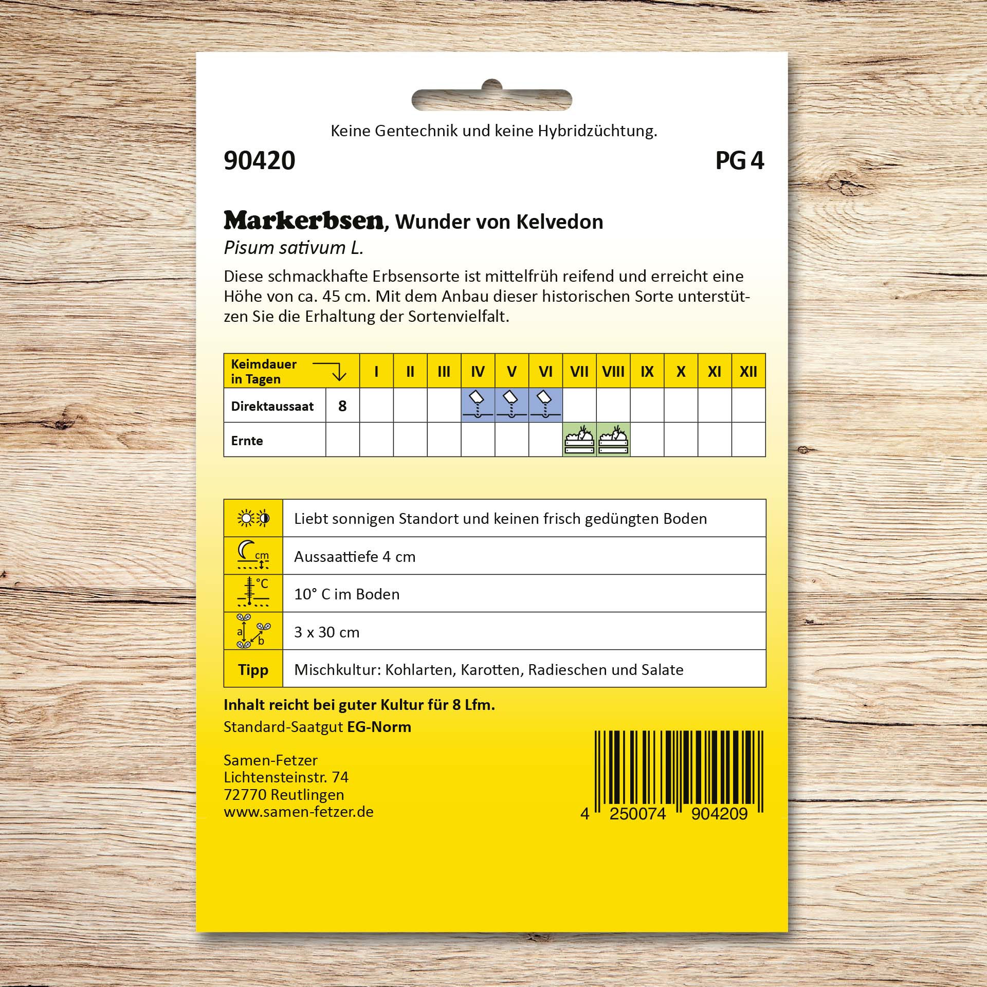 Rückseite der Samentüte Markerbsen Wunder von Kelvedon von Samen-Fetzer mit Aussaat-, Ernte- und Pflegehinweisen für die mittelfrühe Erbsensorte.