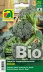 Saatgut-Packung für Bio-Brokkoli mit großem Schriftzug 'Bio' und Abbildung mehrerer frischer grüner Brokkoliköpfe auf einem Holzhintergrund