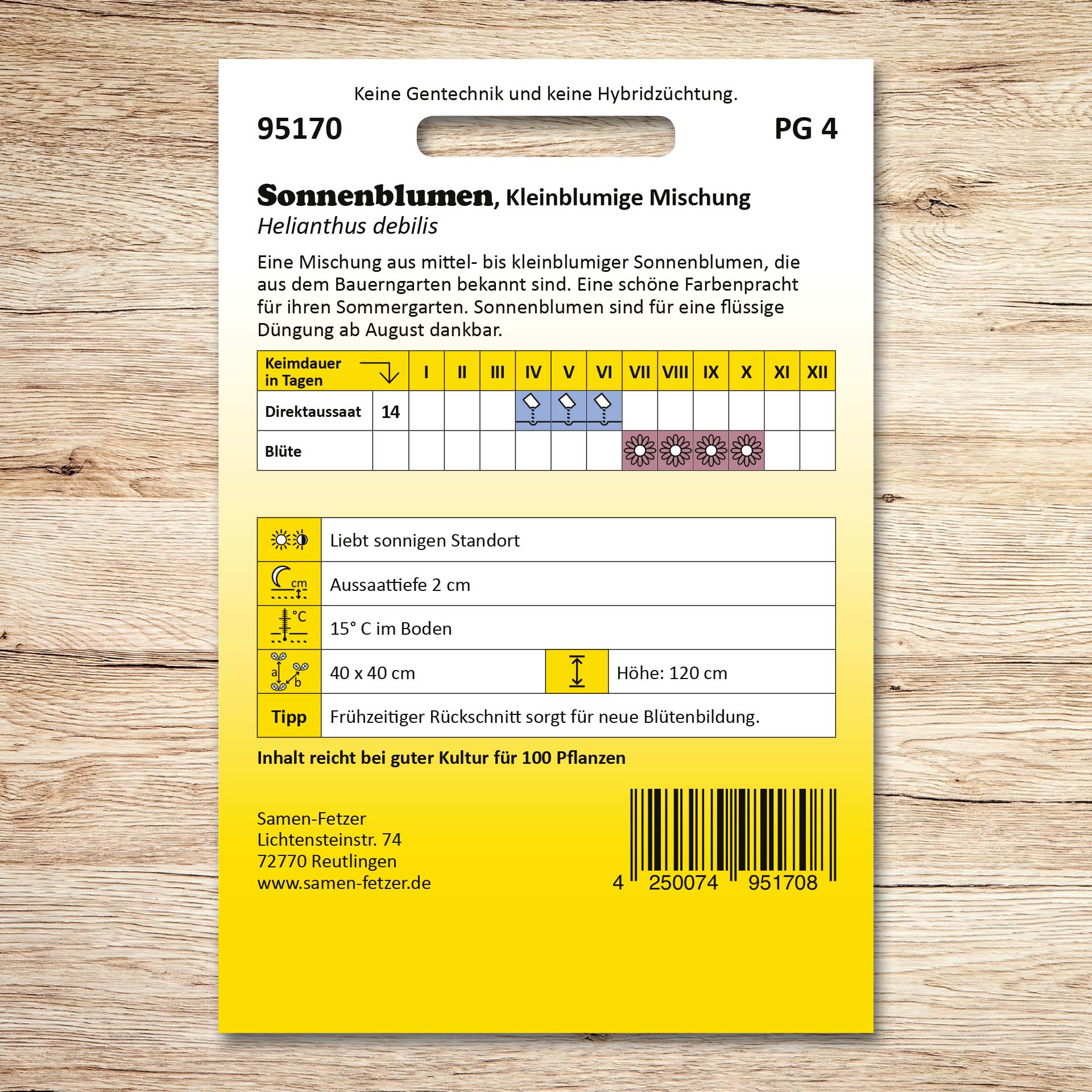 Rückseite der Saatgutpackung Sonnenblumen Kleinblumige Mischung von Samen-Fetzer mit Aussaat- und Blütezeiten, Standortangaben und Pflegetipps für mittel- bis kleinblumige Sonnenblumen.