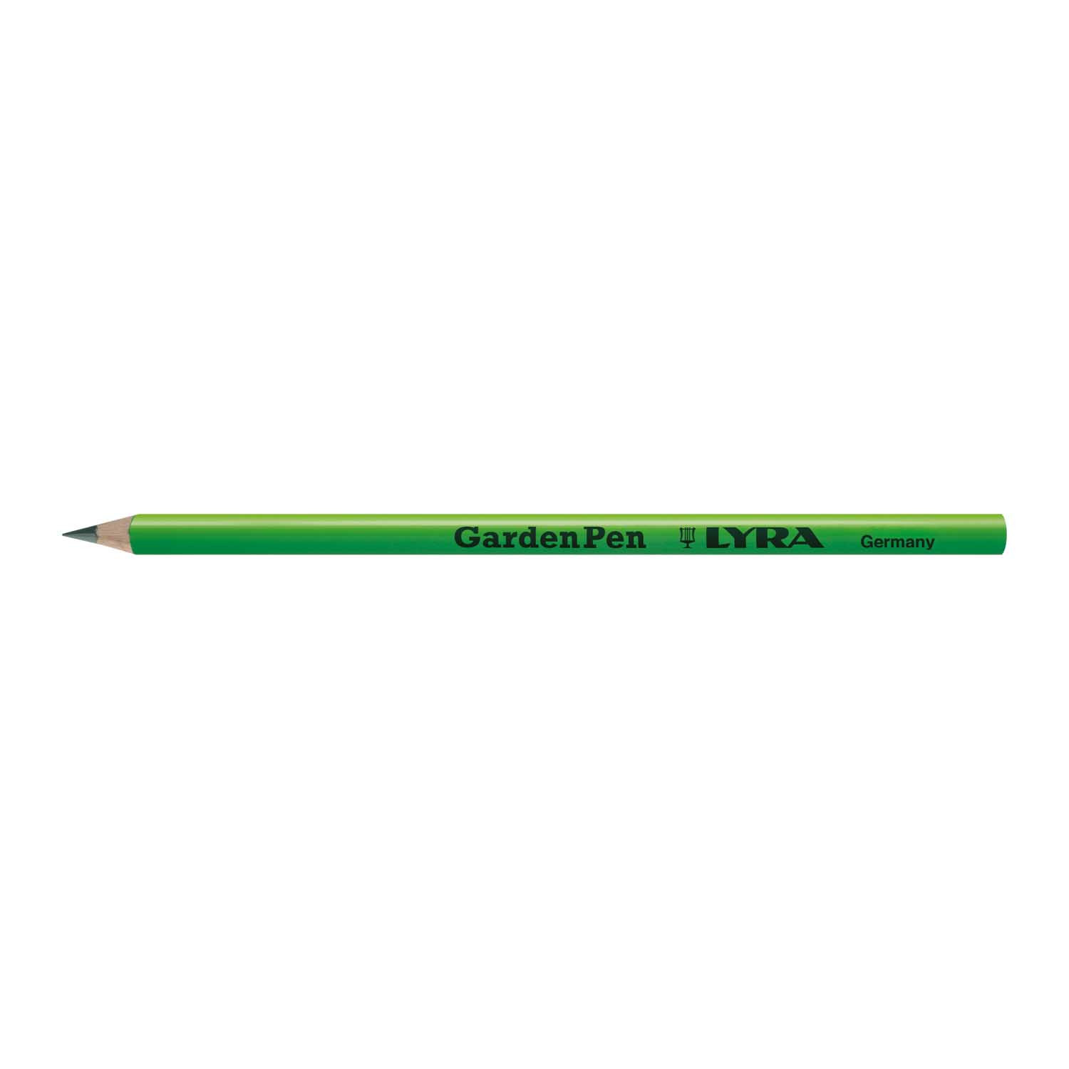 Grüner LYRA GardenPen Gartenbleistift, liegend und angespitzt, mit schwarzer Aufschrift "GardenPen LYRA Germany" auf weißem Hintergrund