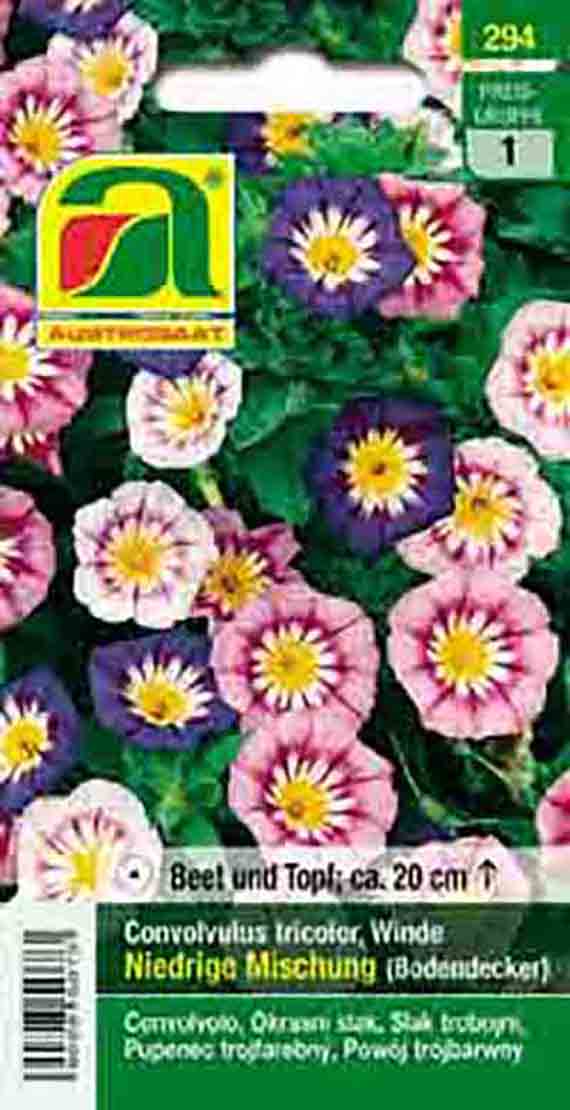 Saatgut-Packung Convolvulus tricolor (Winde) mit rosa, violetten und weißen Blüten mit gelben Zentren, Markenlogo und Schriftzug 'Niedrige Mischung (Bodendecker)'.