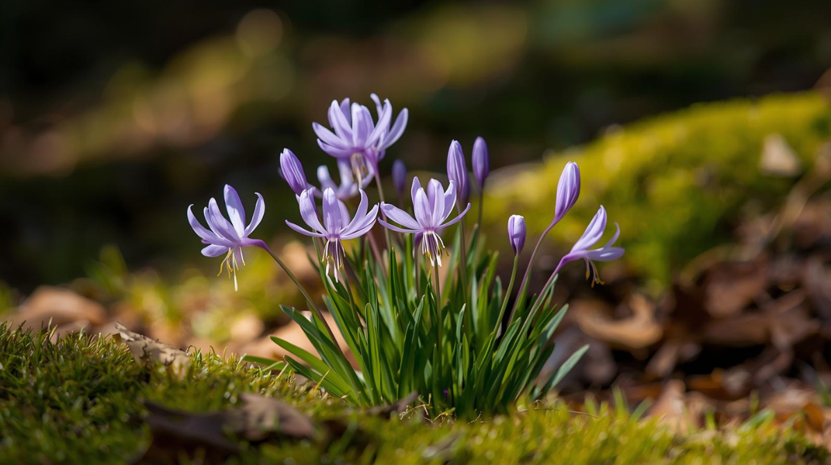 Erythronium Lilac Wonder mit zarten fliederrosa, nickenden Blüten in naturnaher Pflanzung – dekorative Hundszahn-Lilie für halbschattige bis schattige Gartenbereiche