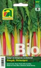 Saatgut Bio-Mangold mit roten, gelben und weißen Stielen und dunkelgrünen Blättern, BIO-Verpackung