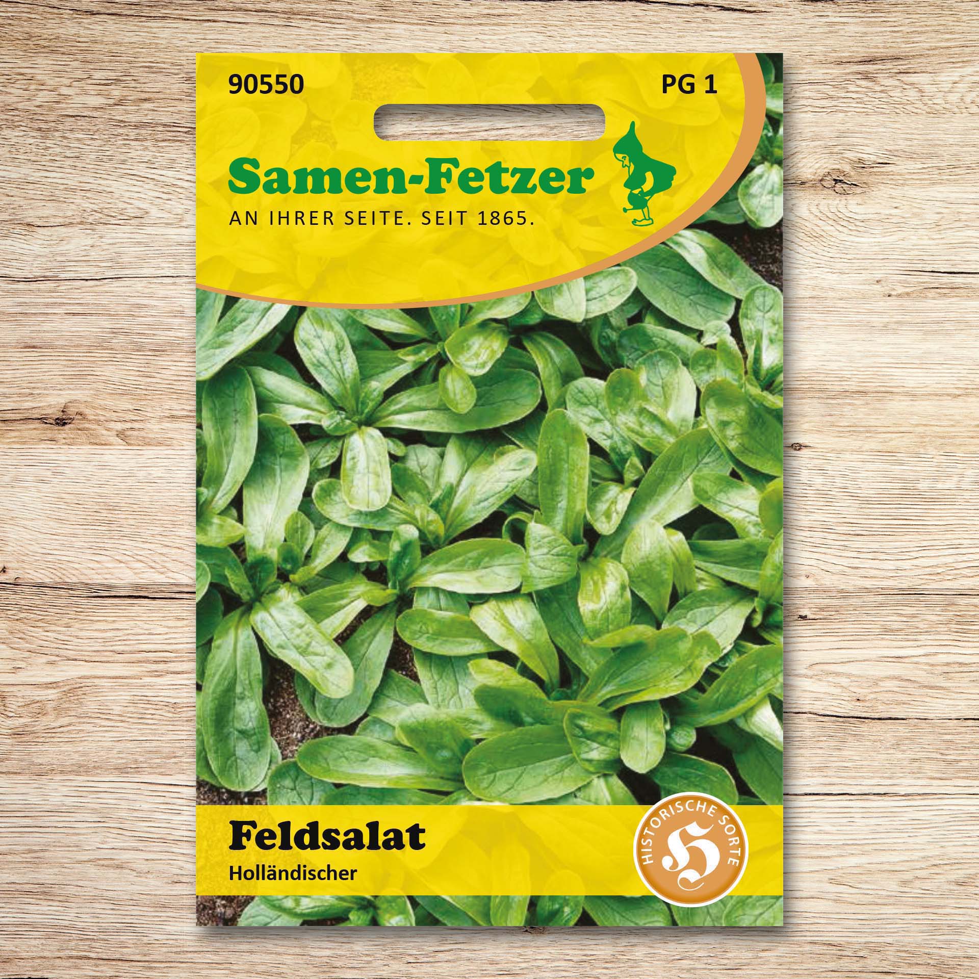 Saatgutpackung Feldsalat Holländischer von Samen-Fetzer mit breitblättrigem, dunkelgrünem Ackersalat; historische Sorte für jeden Boden, ideal für die Herbsternte.