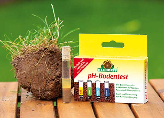Neudorff pH-Bodentest: Verpackung, Teströhrchen mit Reagenz und Erd-/Rasenprobe auf Holzbrett vor grünem Hintergrund
