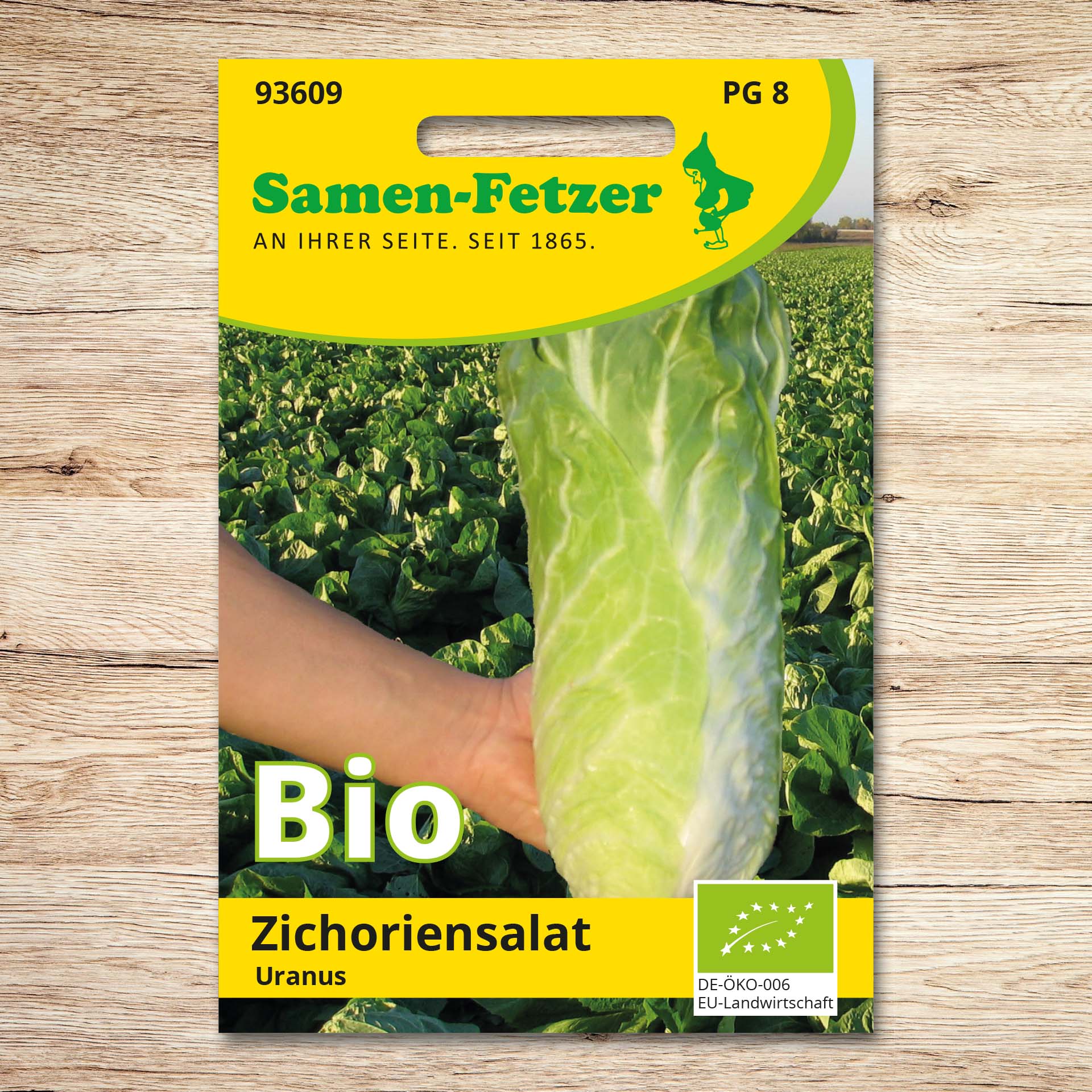 Saatgutpackung Samen-Fetzer Zichoriensalat Uranus Bio mit großem, zylindrischem Salatkopf; ertragreiche, frostverträgliche Profisorte für den Herbstanbau.