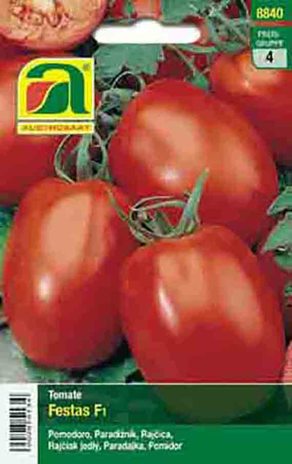 Saatgut-Tüte: Tomate 'Festas F1' – rote, ovale Roma-/Paradeiser-Tomaten auf Verpackungsabbildung